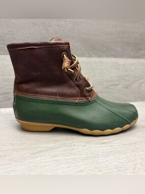SPERRY Saltwater Duck Boots Brown Leather Green Side Zip Waterproof Boots 6.5